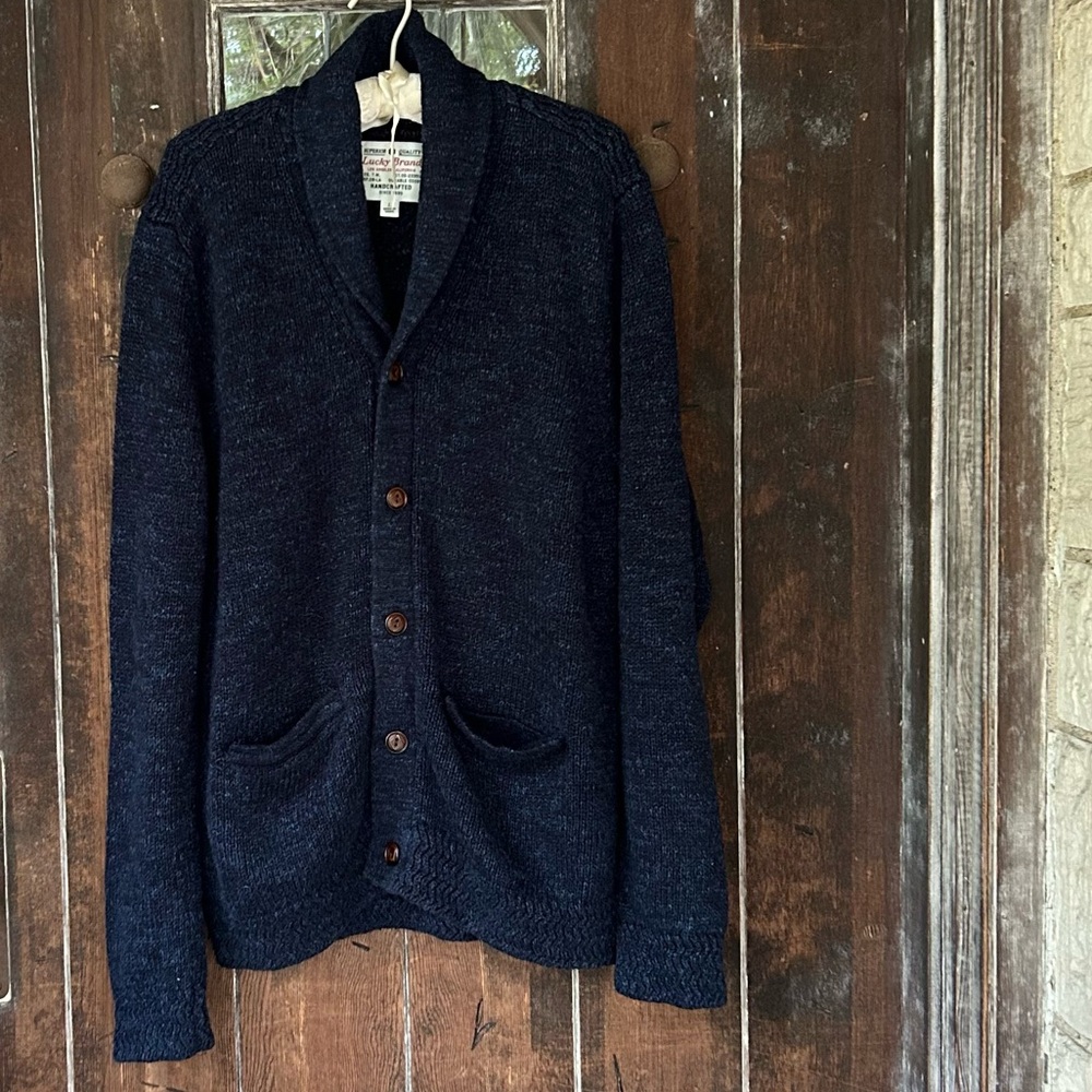 Lucky Brand | blue shawl collar Cotton sweater / cardigan for men L